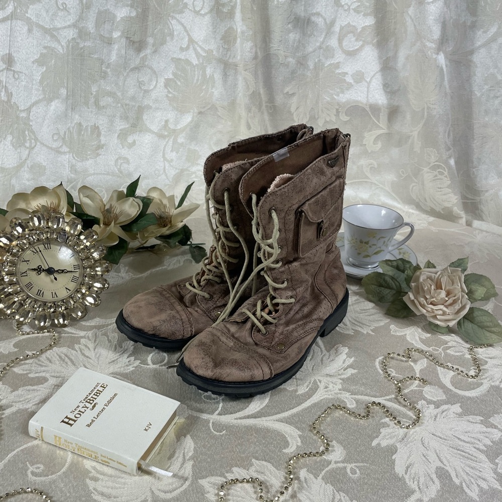 Women’s Roxy Tan Military Style Lace-up Boots Ladies Distressed Shoes Zipper